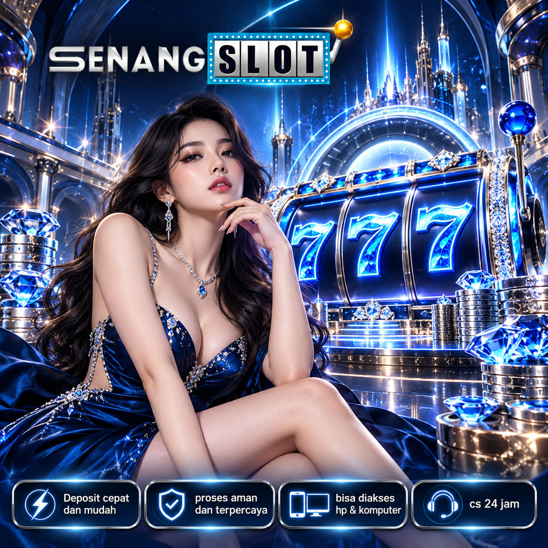 Ilustrasi SENANGSLOT bertema biru neon dengan tipografi brand dan mesin game digital